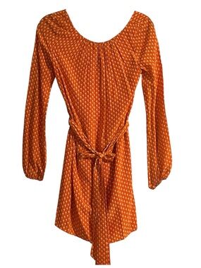 Shoshanna 100% silk tie belt mini dress orange long sleeve shift retro boho sz 0
